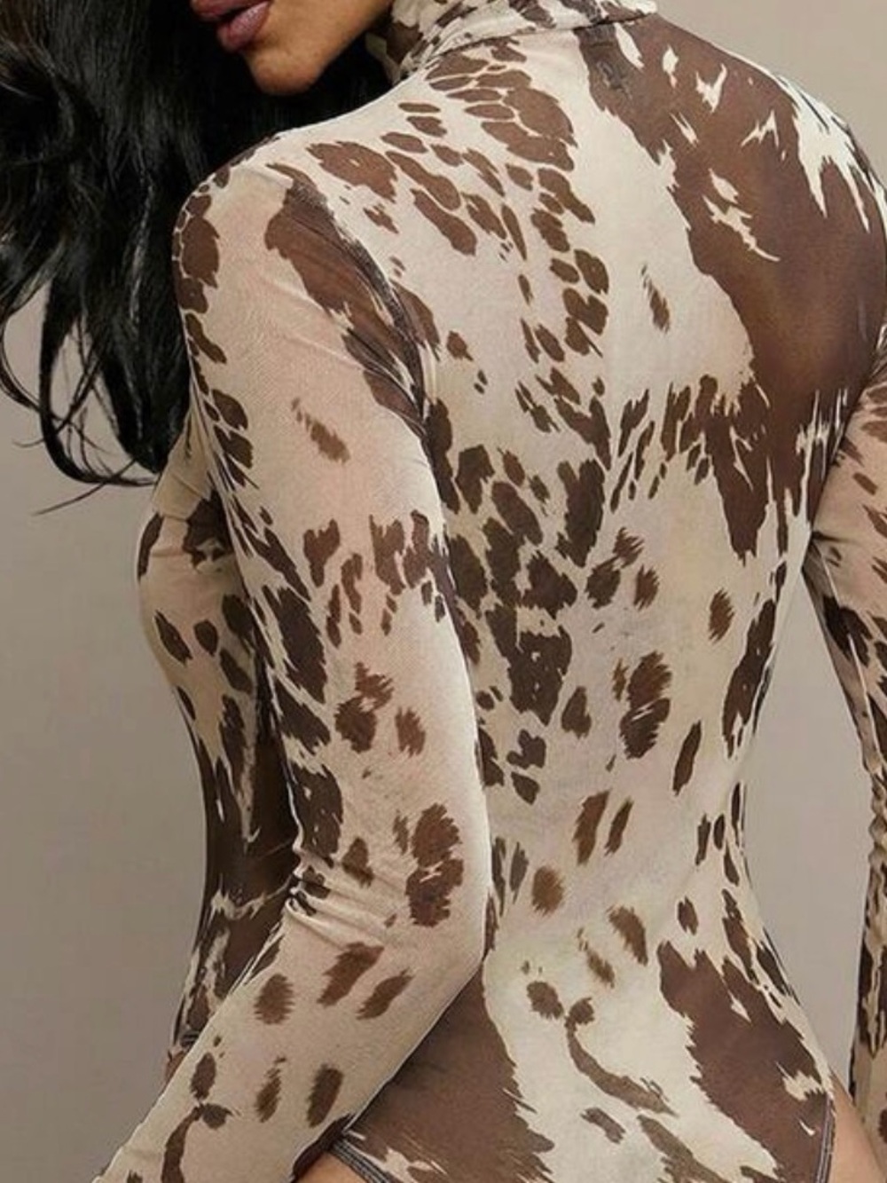 High-Neck Long Sleeve Printed Bodysuit in Brown and Cream